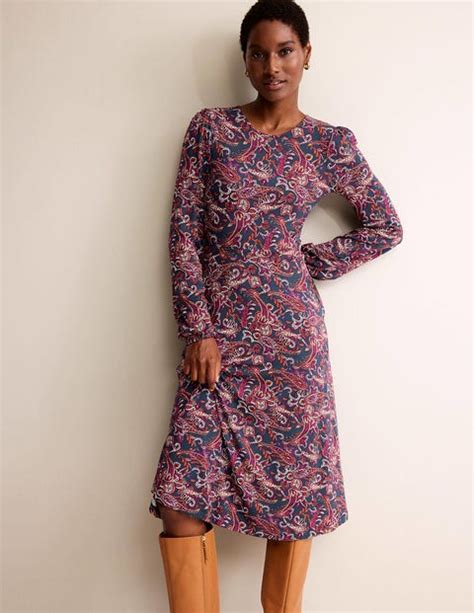 Camille Jersey Midi Dress Purple Pansy Paisley Lawn Boden EU