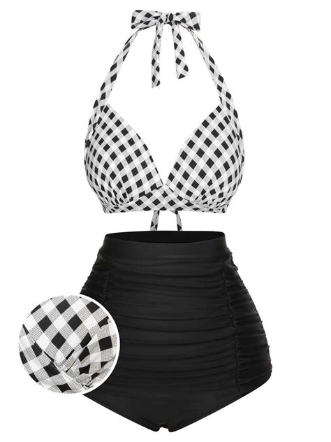 1950s Halter Plaids Lace Up Swimsuit Retro Stage