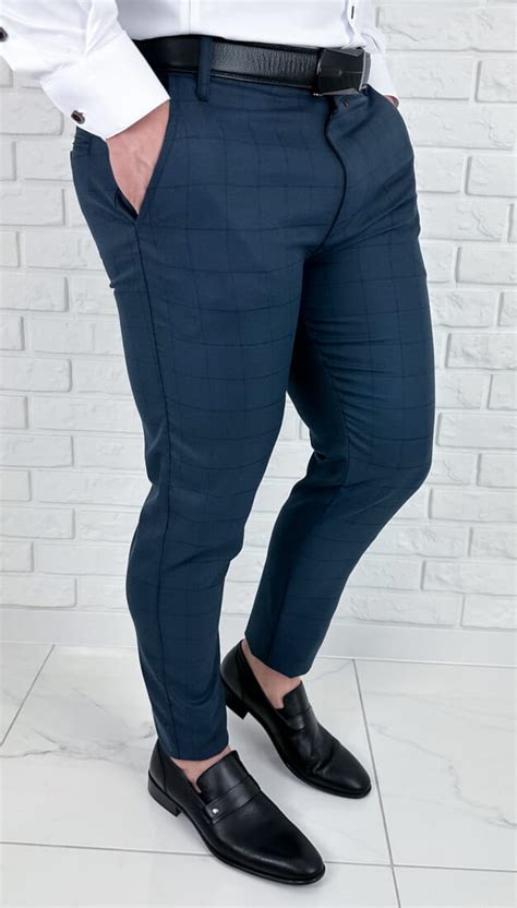 Granatowe Eleganckie Spodnie Meskie Slim Fit W Czarna Krate