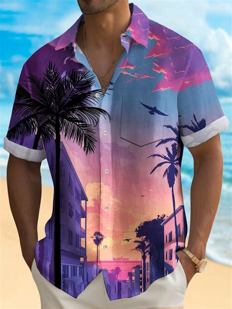 Hawaiian Landscape Print Mens Pocket Short Sleeve Shirts Adaychic