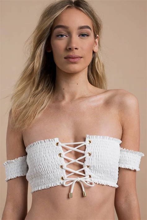 Our Adore Smocked Off Shoulder Bikini Top Features A Bandeau Fit And