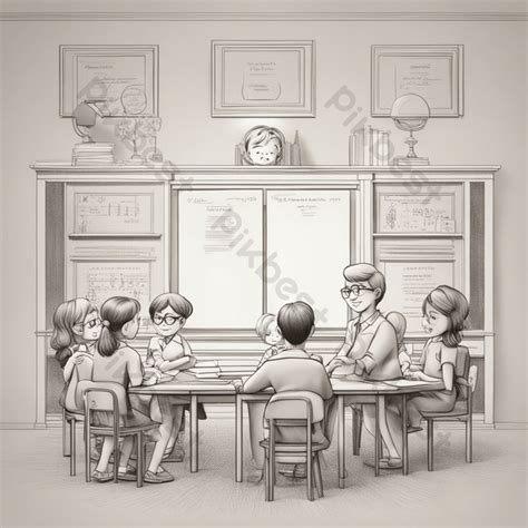 Black And White Drawing Of A Teacher With Students PNG Images | PNG ...