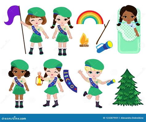 Collection Of Girls Scouts Camping Outfit Summer Camp Activities Stock