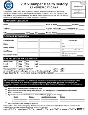 Fillable Online CAMPER ANNUAL HEALTH HISTORY FORM Camp Tamarack Fax