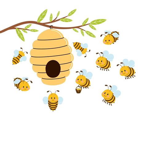 Honey Hive With Cute Bees Hanging On A Branch Vector Illustration