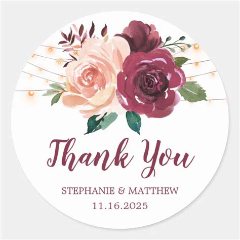 Burgundy Blush Floral Lights Wedding Thank You Classic Round Sticker