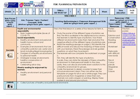 Lesson Plan Gr 4 Life Skills PSW Term 4 Week 4 PSW PLANNING