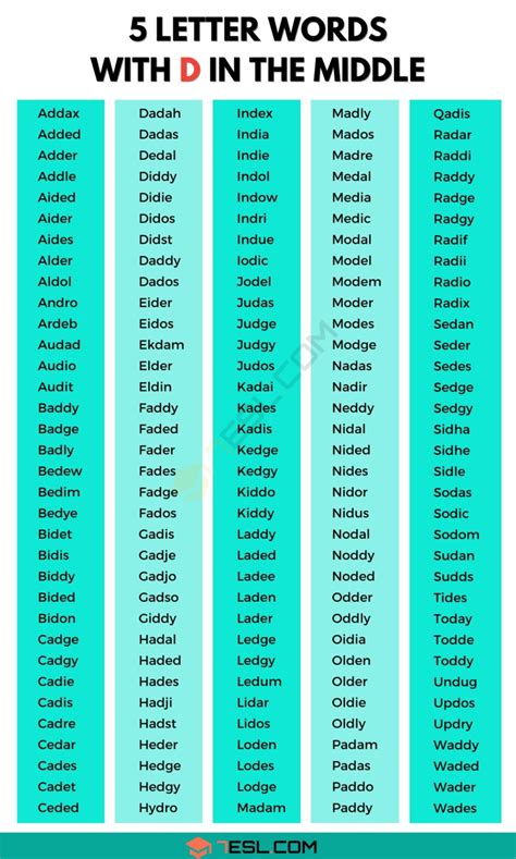 5 Letter Words With D In The Middle 460 English Words • 7esl