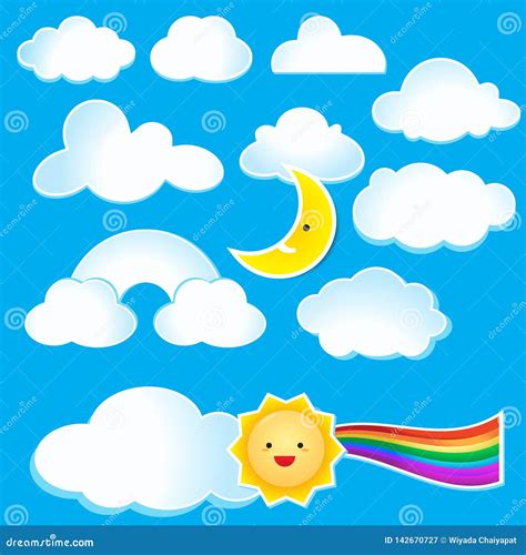 Cartoon Clouds and Sun on Blue Sky Stock Illustration - Illustration of ...