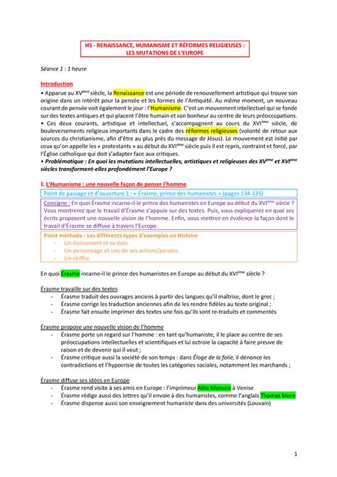 H5 Renaissance Humanisme ET Réformes Religieuses LES Mutations DE