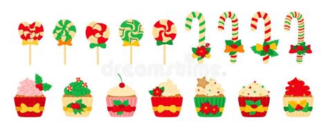 Dulces Navideños Pastelitos De Caramelo Conjunto Vector Plano