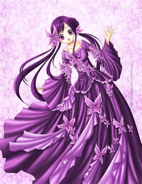 a woman in a purple dress with long hair