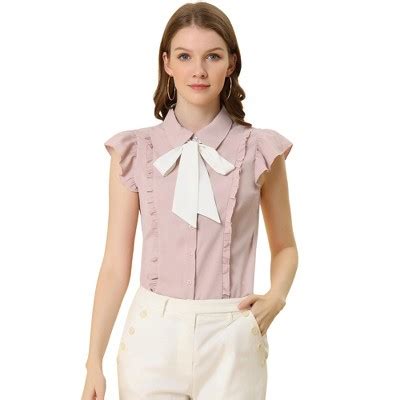 Allegra K Women S Ruffles Cap Sleeve Tops Tie Neck Button Up Peter Pan