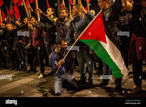 Athen Greece Th Nov A Man With A Palestinian Flag Reacts