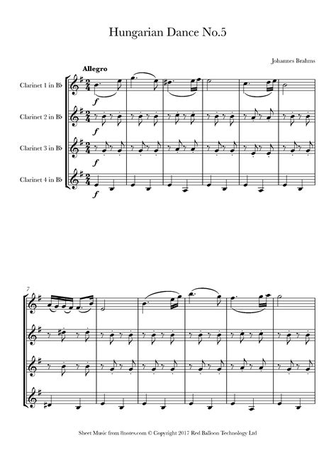 Brahms Hungarian Dance No5 Sheet Music For Clarinet Quartet