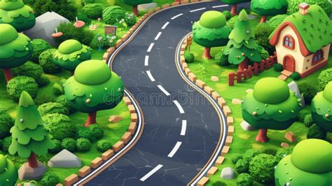 A 3d Rendering Of A Road With Trees And Houses Ai Stock Illustration