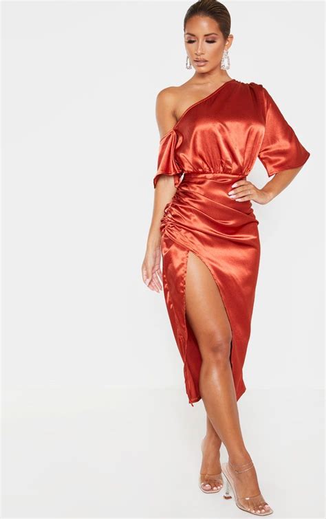 Red One Shoulder Ruched Skirt Midi Dress Prettylittlething Satin Bodycon Dress Satin Dresses