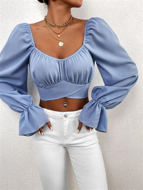 Scoop Neck Ruched Bust Flounce Sleeve Crop Top Blouse Casual Fashion