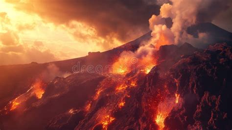 Lava Spurting Out Of Crater And Reddish Illuminated Smoke Cloud Lava