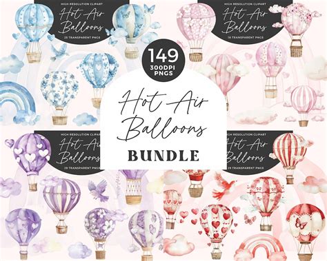 Watercolor Hot Air Balloon Clipart Bundle Hot Air Balloons Png Hot Air Balloon Graphics