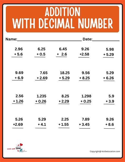 Addition With Decimal Number Worksheet Artofit