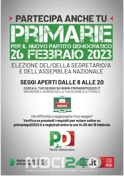 NOCI24 It Primarie PD Si Vota Domenica 26 Febbraio 2023 Dalle 8 Alle 20