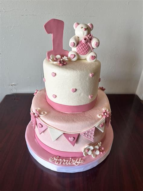 Cute Pink And White 1st Birthday 2 Tier Cake With Bear And Flag Banner