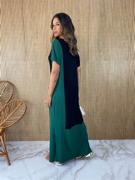 Vestido Longo Malha Manga Curta Preto E Verde Fernanda Ramos Store