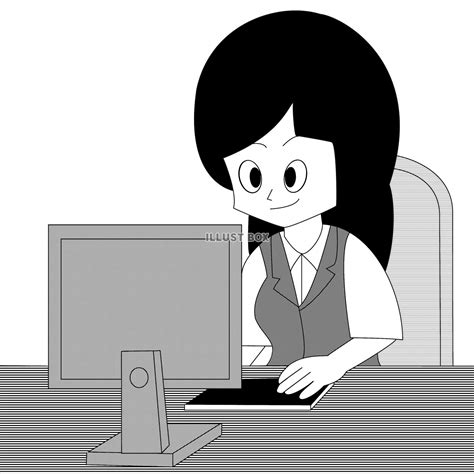 無料イラスト デスクトップパソコンを操作する女性会社員（白黒）