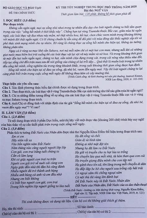 Đề thi Đáp án môn Ngữ văn tốt nghiệp THPT quốc gia 2020