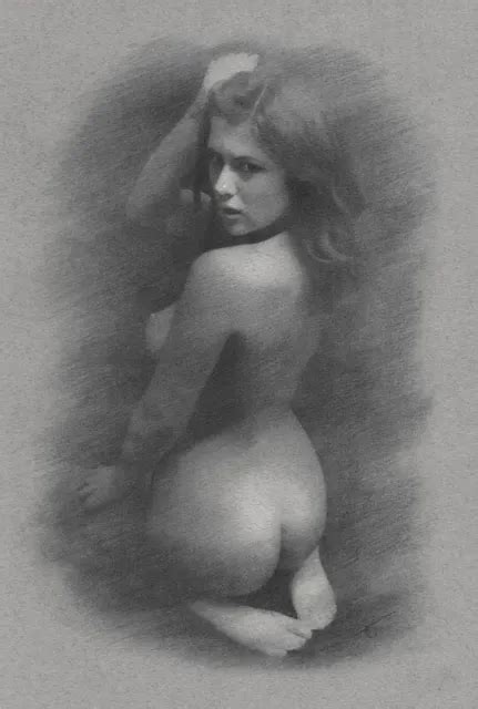 Nude Female Original Drawing Charcoal Fine Art Naked Kneeling Lady No