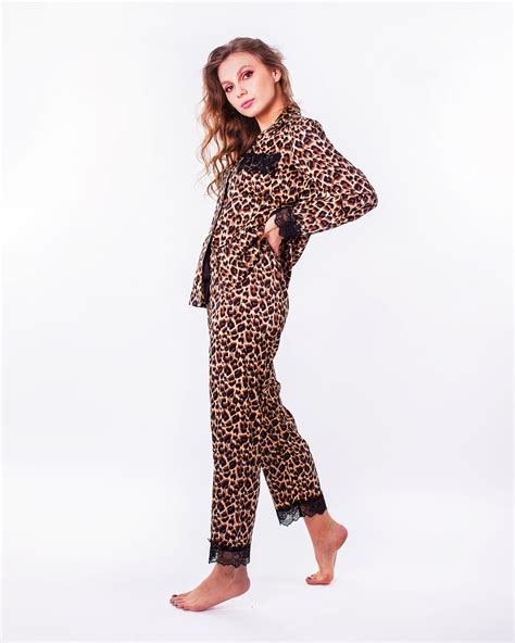 Sexy Leopard Pajamas Set Leopard Satin Pajama With Lace For Etsy