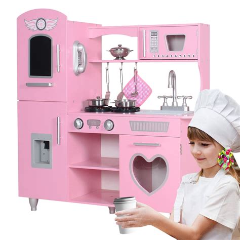 Taohfe Large Wooden Play Kitchen With Lights And Sounds Pink Pretend Toy