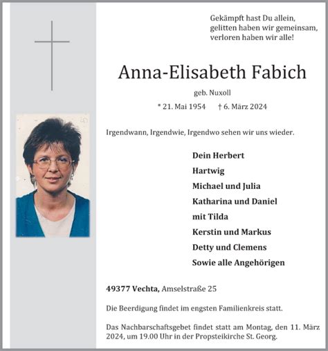 Traueranzeigen Von Anna Elisabeth Fabich Om Trauer De