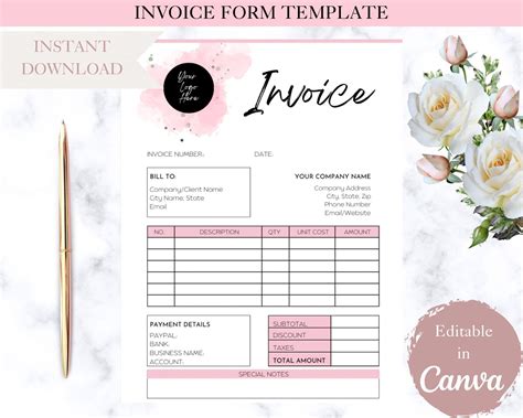 Editable Invoice Template Small Business Canva Template Printable