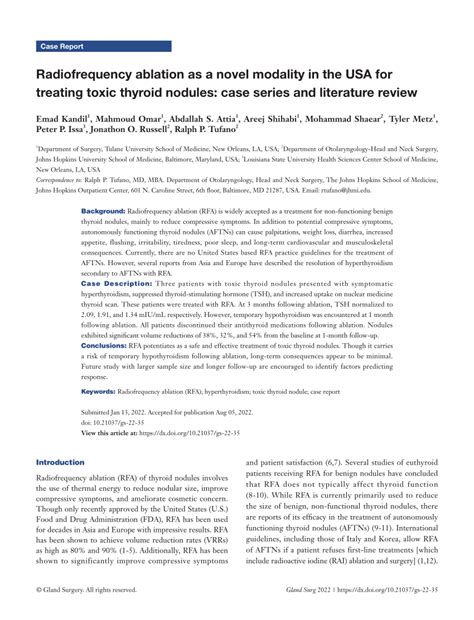 Pdf Radiofrequency Ablation As A Novel Modality In The Usa For