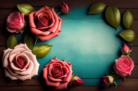 Um Quadro De Rosas Um Fundo Azul Foto Premium