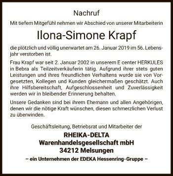 Traueranzeigen Von Ilona Simone Krapf Trauer Hna De