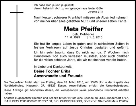 Traueranzeigen Von Meta Pfeiffer Trauer In NRW De