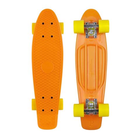 An Orange Skateboard With Yellow Wheels On A White Background