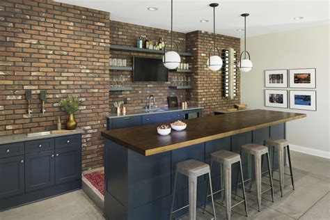 Rustic Basement Bar With Brick Backsplash