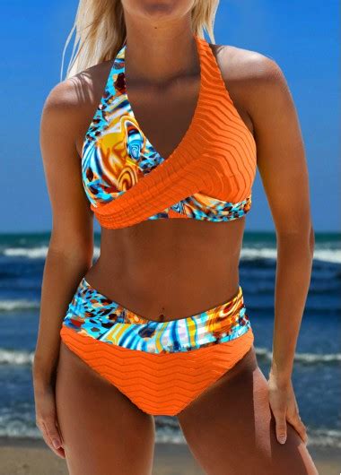 Surplice Floral Print Orange Bikini Set Modlily USD 31 98