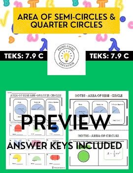 Area Of Semi Circles Quarter Circles Worksheet Guided Notes Tpt