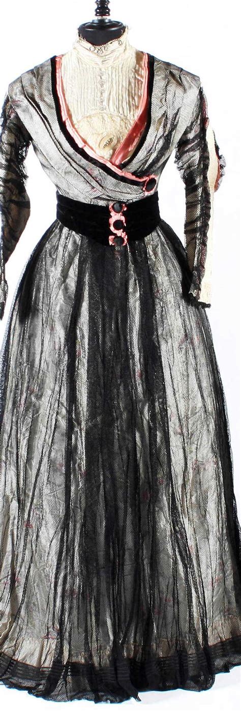 Day Dress Ca 1900s Of Striped Pewter Silk With Embroidered Salmon