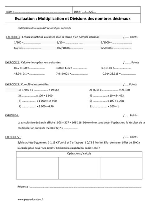 Evaluation Nombres D Cimaux Me Pdf Exercices Nombres D Cimaux Me