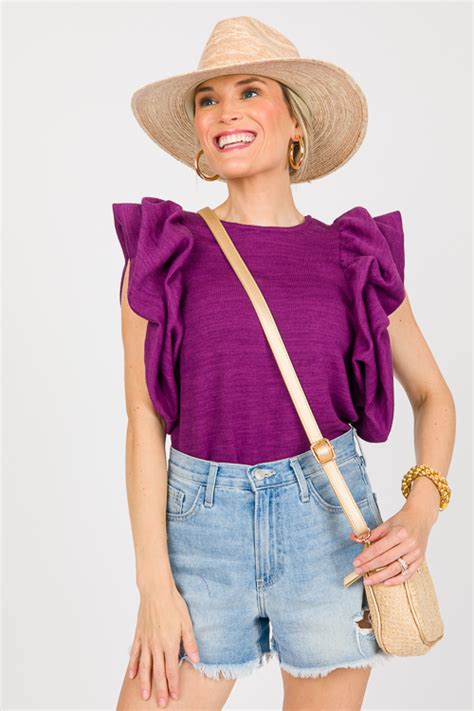 Ruffle Puff Sleeve Knit Top Purple Sale The Blue Door Boutique