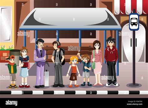 A vector illustration of people waiting for a bus in a bus stop Stock ...