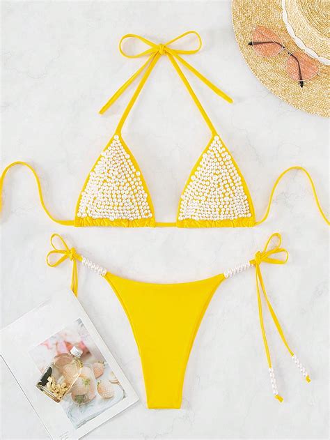 SHEIN Swim SXY Bañador bikini con cuenta con perla halter triángulo con