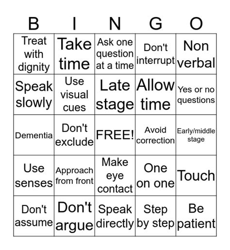 Communication And Dementia Bingo Card