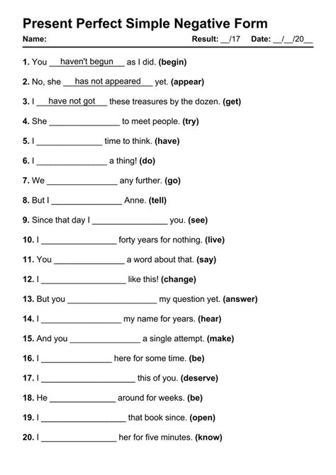 101 Present Perfect Negative Pdf Worksheets With Answers Grammarism